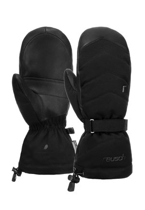 Muffole nere realizzate in pelle e tessuto, con un design trapuntato, cinturini regolabili sui polsi e finitura impermeabile.