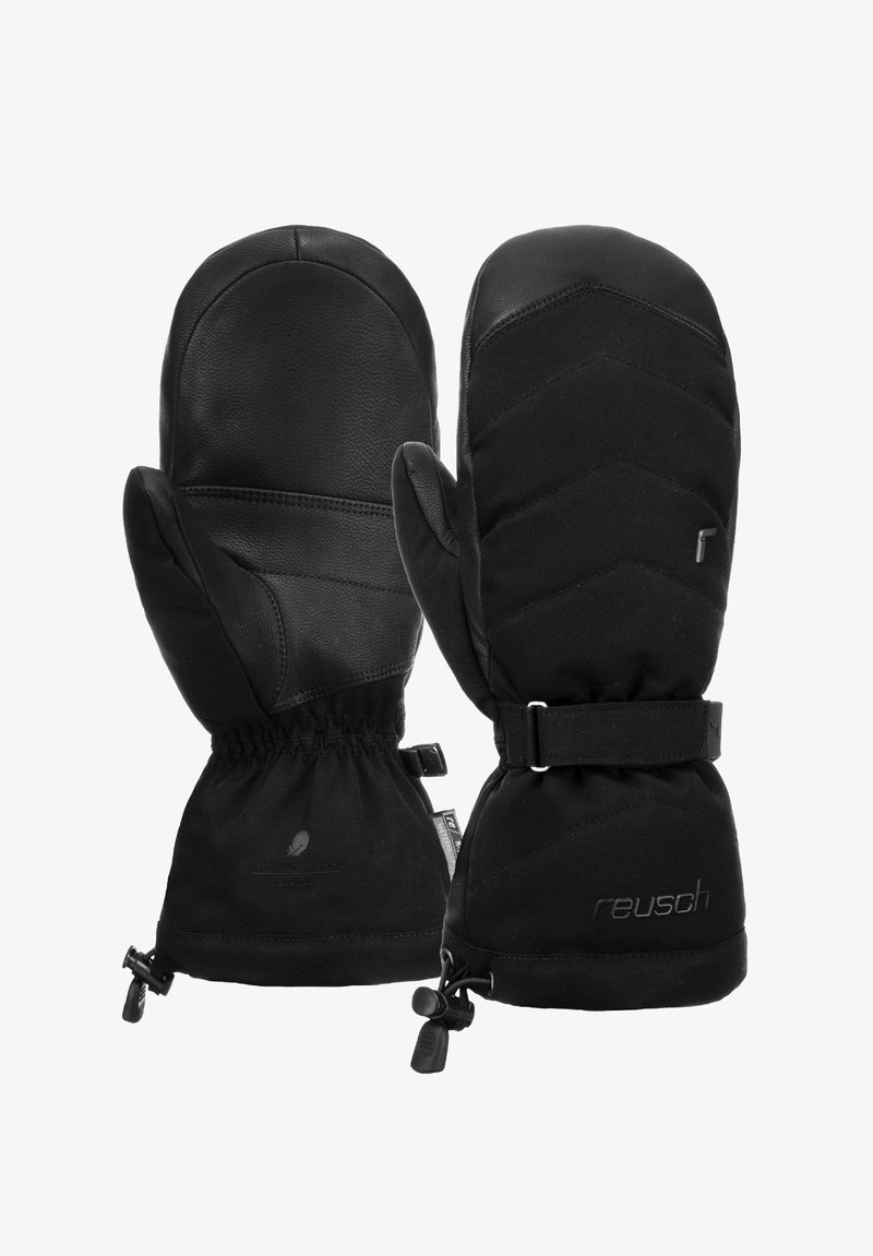 Schwarze Handschuhe aus Leder und Textil mit einem gesteppten Design, verstellbaren Handgelenkriemen und einer wasserdichten Beschichtung.