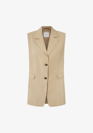 Beige ärmelloser Blazer mit Reverskragen, zwei vorderen Knöpfen und seitlichen Taschen; aus glattem Stoff mit maßgeschneidertem Schnitt gefertigt.