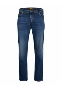 Donkerblauwe denim jeans met een rechtvallend ontwerp, voorzien van vijf zakken, een metalen knoopsluiting en lichte vervaging op de dijen.