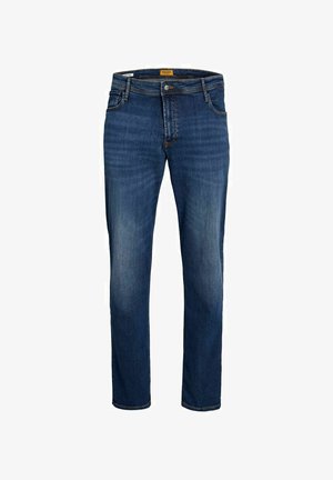 Jean en denim bleu foncé avec une coupe droite, comportant cinq poches, une fermeture à bouton en métal et une légère décoloration sur les cuisses.