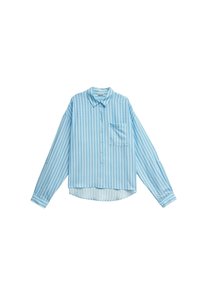 Long-sleeve blue shirt with white vertical stripes, button-down front, single chest pocket, and a collar, shown on a white background.