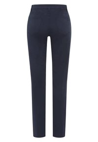 Marineblå stretch-jeans med slank pasform, fem-lomme design og diskrete baglommer. Glat tekstur med mellemhøj talje.