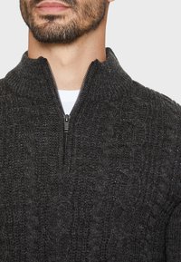 Maglione lavorato a maglia grigio scuro con colletto alto e zip a metà. Presenta un motivo a trecce testurizzato e dettagli a coste sul collo.