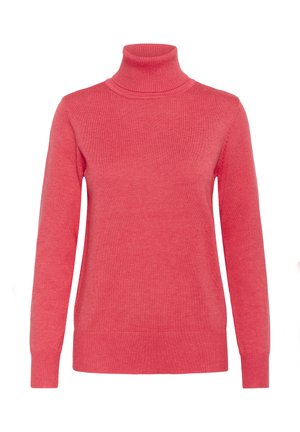 Pull à col roulé corail en tissu tricoté, doté d'une coupe ajustée, d'un col, de poignets et d'un ourlet côtelés. Texture lisse avec un design minimaliste.