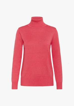 Korallivärvi kõrge kaelusega kampsun, valmistatud kudumkangast, kitsaltistuv disain, soonikkoes kaelus, mansetid ja alumine äär. Sile tekstuur, vähese detailiga.