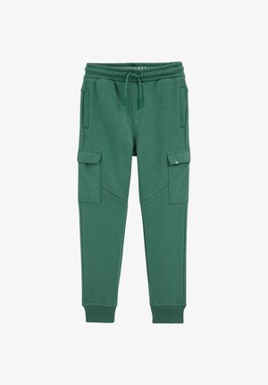 Zöld pamut jogging nadrág elasztikus derékpánttal, állítható húzózsinórral és két oldalsó cargo zsebbel. Simább textúrájú, szűkített szabású.
