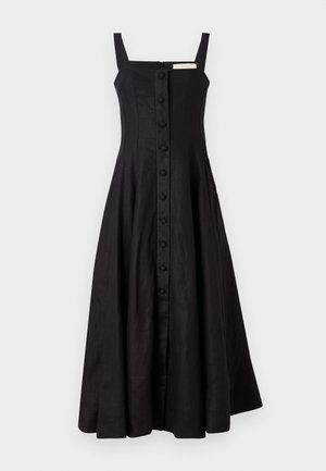 Schwarzes Kleid mit breiten Trägern, quadratischem Ausschnitt und vollem A-Linien-Rock. Frontknopfverschluss und strukturierter Stoff. Sichtbarer Reißverschluss hinten.