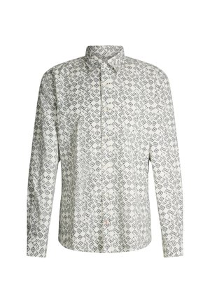 Camicia a maniche lunghe con bottoni di colore bianco, decorata con un motivo geometrico blu. Presenta un colletto classico e una chiusura con bottoni sulla parte anteriore.