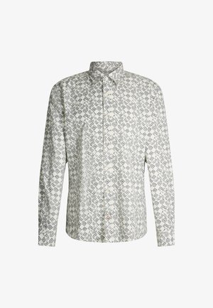 Camicia a maniche lunghe con bottoni di colore bianco, decorata con un motivo geometrico blu. Presenta un colletto classico e una chiusura con bottoni sulla parte anteriore.