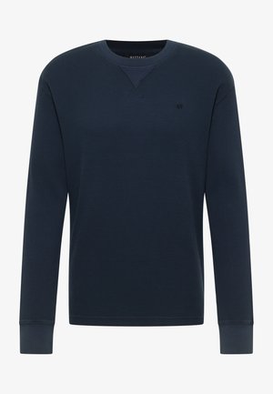 Granatowa termiczna bluza z długim rękawem o prążkowanej fakturze, z okrągłym dekoltem i subtelnym logo na piersi.