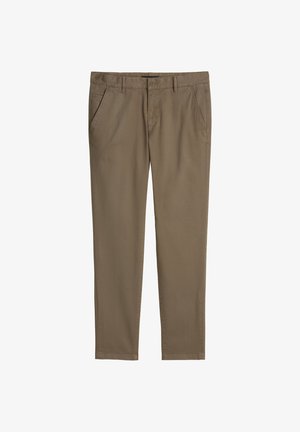 Bruine katoenen chino's met rechte pijpen, voorzien van zijzakken en een knoopsluiting. Soevele textuur met gestikte details.