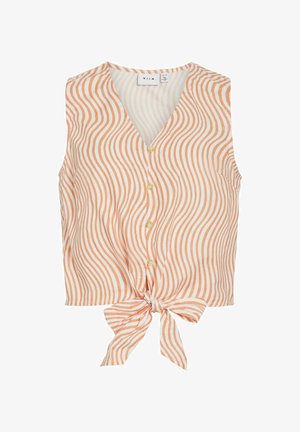 VILA bezrukavna bluzica u bijeloj i narančastoj valovitoj uzorku. Ima v-izrez, kopčanje na dugmad i vezanu mašnu na rubu.