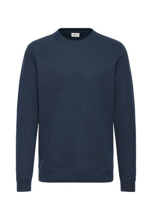 Navy blue crew-neck sweatshirt with a ribbed texture, long sleeves, and a small brand label on the lower left side.