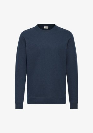 Mørkeblå crew-neck sweatshirt med ribbet tekstur, lange ærmer og et lille mærke på nederste venstre side.