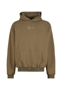 Bruine hoodie met een voorzak, ribgebreide manchetten en zoom. Heeft een minimalistisch logo in lichte kleur op de borst. Zachte textuur.