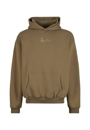 Brązowa hoodie z kapturem, z kieszenią z przodu, ściągaczami na rękawach i na dole. Posiada minimalistyczne logo w jasnym kolorze na klatce piersiowej. Miękka tekstura.