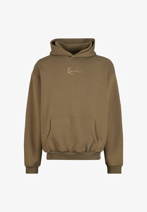 Brūna kapucņu džemperis ar priekšējo kabatu, ribotiem piedurknēm un apakšu. Uz krūtīm ir minimālisma logs ar gaišu krāsu. Mīksta tekstūra.