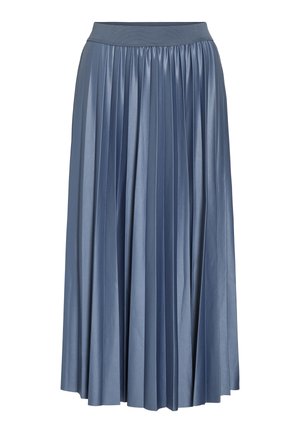 Gonna maxi plissettata di un blu tenue, realizzata in tessuto lucido, con una vita elastica e un design fluido, che arriva a metà polpaccio.