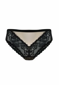 Czarne koronki majtki z przezroczystymi panelami z siateczki, kwiatowymi zdobieniami z koronki, falistymi brzegami i małym złotym pierścieniem na środku przodu.