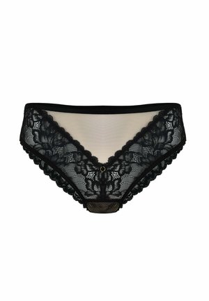 Czarne koronki majtki z przezroczystymi panelami z siateczki, kwiatowymi zdobieniami z koronki, falistymi brzegami i małym złotym pierścieniem na środku przodu.