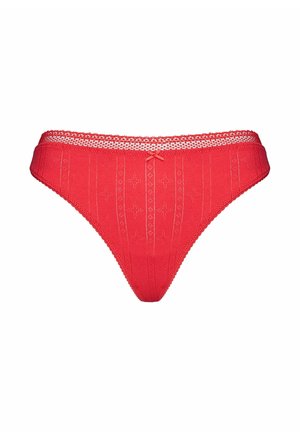 Czerwone damskie bielizna bikini z koronkową lamówką, małą centralną kokardką oraz subtelnymi pionowymi i kwiatowymi wzorami dzianiny.