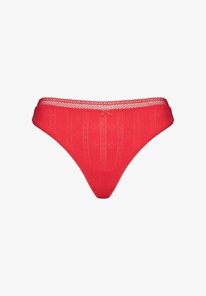 Czerwone damskie bielizna bikini z koronkową lamówką, małą centralną kokardką oraz subtelnymi pionowymi i kwiatowymi wzorami dzianiny.
