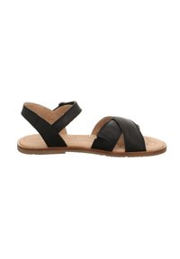 Schwarze Ledersandalen mit kreuzenden Riemen, verstellbarem Knöchelriemen und beigem Fußbett. Flache Sohle mit leicht strukturiertem Finish.
