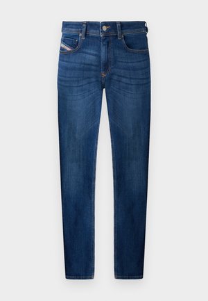 Dark blue denim jeans with a straight-leg cut, five-pocket design, visible stitching details, and metal button closure.
