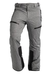 Pantalons de ski gris avec une texture chinée. Présente des accents noirs et plusieurs poches zippées pour un rangement sécurisé. Coupe ajustée et matériau durable.