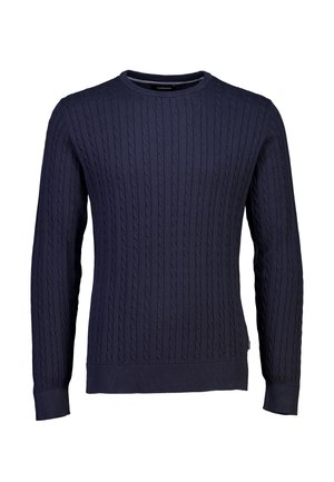 Pull en maille torsadée bleu marine avec un col rond et des manches longues. Le tissu présente un motif texturé ; les poignets et l'ourlet sont côtelés.