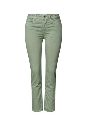 Pantalon slim fit vert clair pour femme, avec fermeture par bouton et zip, poches avant et ourlets effilochés à la cheville.