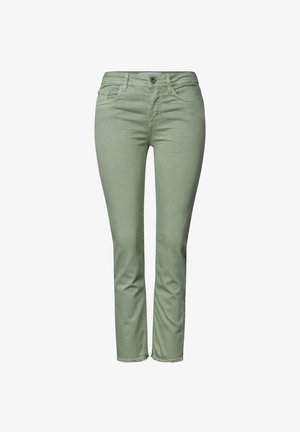 Pantalon slim fit vert clair pour femme, avec fermeture par bouton et zip, poches avant et ourlets effilochés à la cheville.