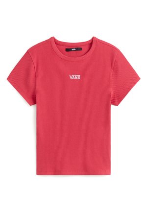 Rood geribd T-shirt met korte mouwen en een ronde hals. Heeft een witte "VANS"-logo op de borst. Gemaakt van een katoenmengsel.