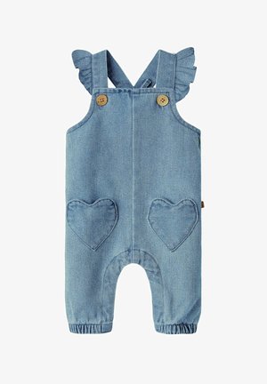 Svetlo modre jeansa kombinezonske hlače s srčastimi žepi, trakovi z naborki in lesenimi gumbi. Robovi hlačnic so zavihani za udobno nošenje.