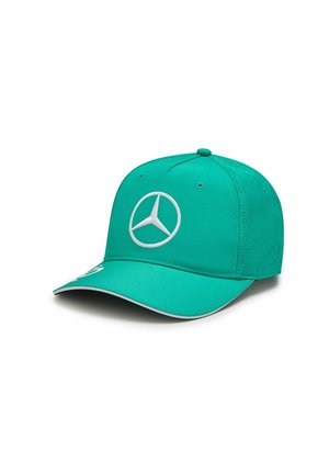 Turbankowa czapka baseballowa z białym logo Mercedes-Benz z przodu, z zakrzywionym daszkiem i teksturowanymi panelami bocznymi.