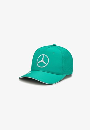 Turbankowa czapka baseballowa z białym logo Mercedes-Benz z przodu, z zakrzywionym daszkiem i teksturowanymi panelami bocznymi.