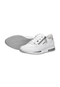 Weiße Ledersneaker mit grauen Akzenten, runder Zehenform, flacher Gummisohle und dekorativem Zipperdetail an der Seite. Glatte Textur, trendiges Design.
