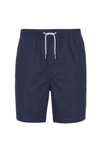 Navy blue swim shorts with an elastic waistband, white drawstring, and a simple design. Made from lightweight, breathable fabric.