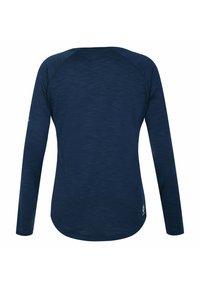 Marinefarbener Langarm-Oberteil mit abgerundetem Saum, aus strukturiertem Stoff gefertigt. Verfügt über Raglanärmel und ein kleines Logo an der unteren rechten Seite.