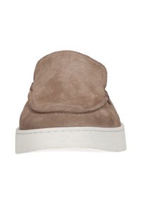 Suede slip-on shoes in light brown with a rounded toe, white rubber sole, and a soft, overlapping front panel design.