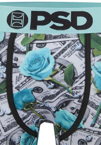 Boxer in multicolore con un design di rose turchesi e banconote statunitensi, con un elastico nero in vita contrassegnato "PSD."