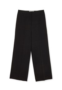 Zwarte, wijde broek met een gladde textuur, voorzien van een voornaad en een op maat gemaakte stijl, geschikt voor een hedendaagse uitstraling.