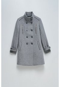 Cappotto in lana a spina di pesce grigio con collo alto, design doppiopetto, due tasche con zip e maniche con risvolto. Presenta bottoni scuri.