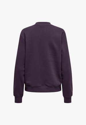 Paarse crewneck sweatshirt gemaakt van zachte stof, met lange mouwen en een geribde zoom. De achterkant is eenvoudig zonder zichtbare logo's of ontwerpen.