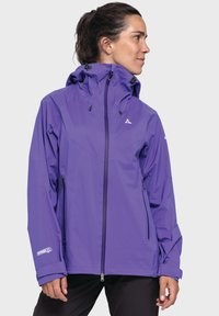 Purple waterproof jacket featuring a hood, zippered front, and side pockets, made from lightweight material with a smooth texture.