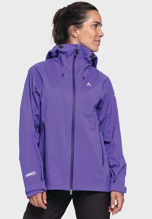 Purple waterproof jacket featuring a hood, zippered front, and side pockets, made from lightweight material with a smooth texture.