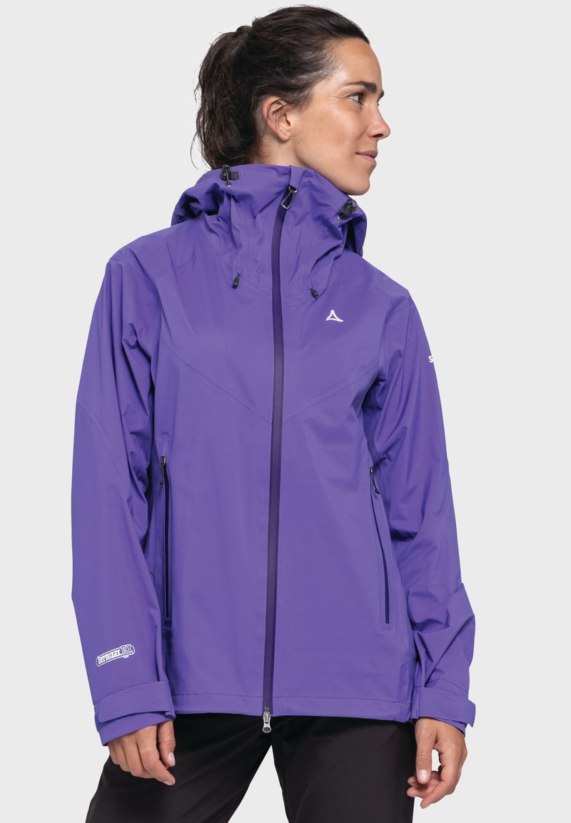 Purple waterproof jacket featuring a hood, zippered front, and side pockets, made from lightweight material with a smooth texture.