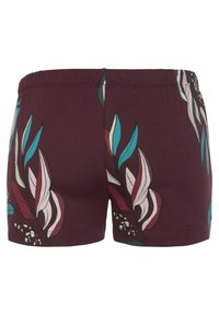 Bordeaux zwemshorts met een bloemenpatroon in wit, roze en teal. Elastische tailleband en glad, rekbaar materiaal.