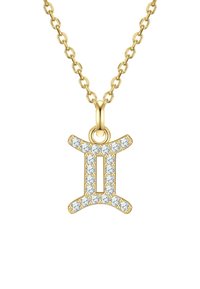 Zelta kaklarota ar Dvīņu simbolu kā pendantu, izrotāta ar caurspīdīgiem dārgakmeņiem. Pendentam ir izteiksmīgs, mūsdienīgs dizains ar spīdīgu apdari.